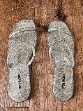 Steve Madden Silver Glitter Two-Strap jelly Slide Sandals